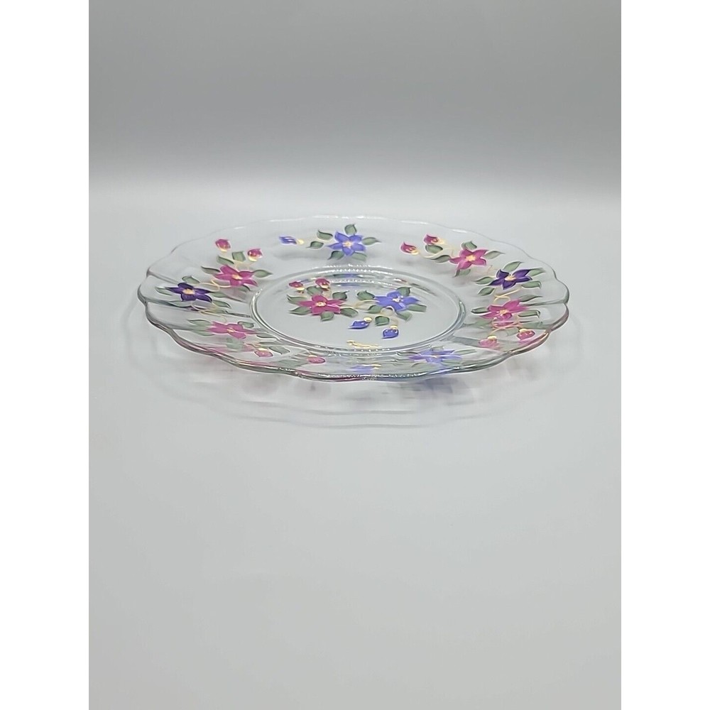 Art Glass Serving Dish Plate Signed Reverse Hand Painted Flowers Floral 9" - Picture 7 of 11